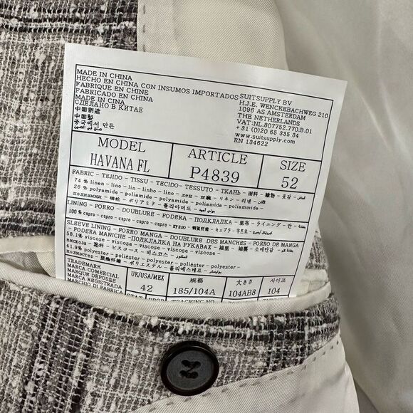 Suitsupply Men’s Textured Linen Blend Havana FL Cream Grey Black Check Windowpan - Picture 12 of 16